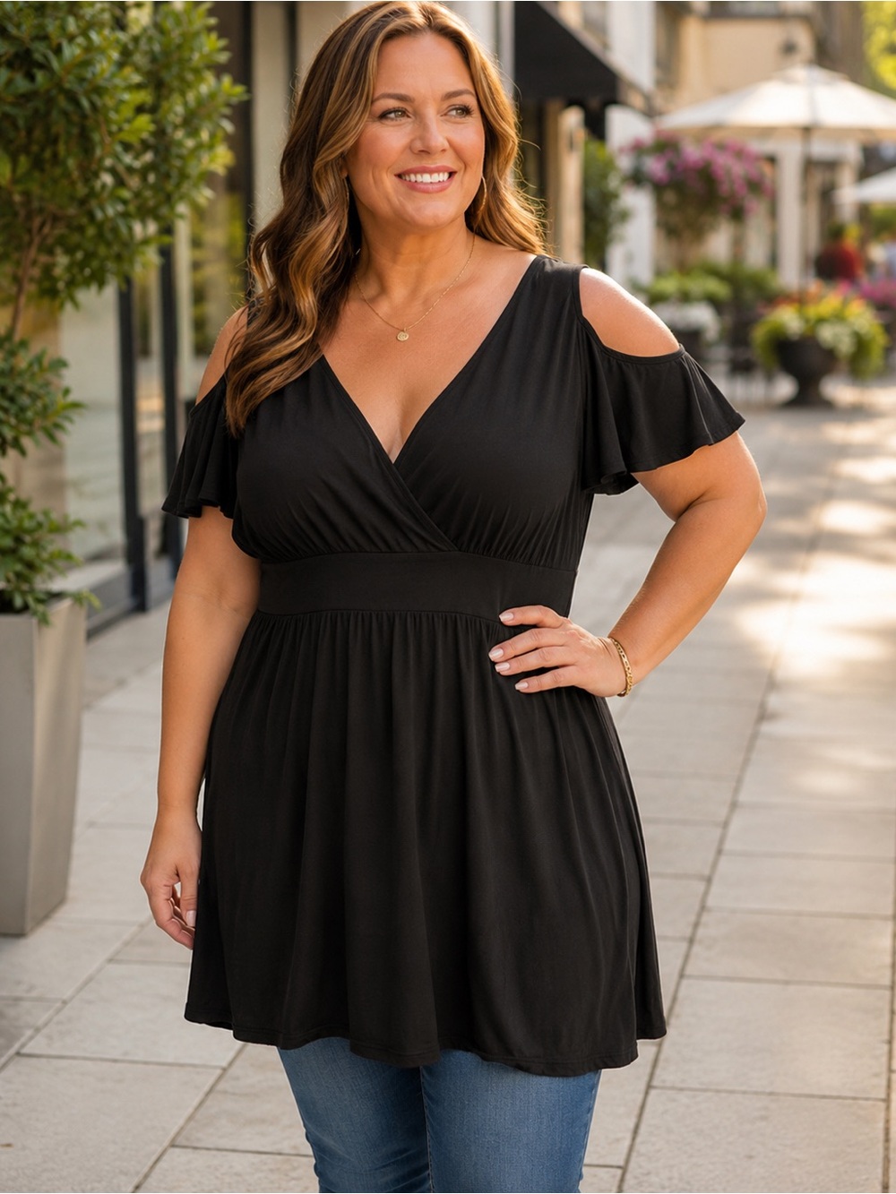 NY COLLECTION Top Black Tunic Cold Shoulder Faux Wrap Flutter Sleeve Women’s 2X